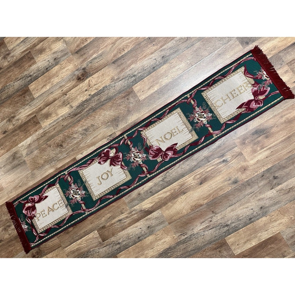 NWOT Christmas Tapestry Table Runner Peace Joy Noel Cheer 6'x 13.25" Red Fringe